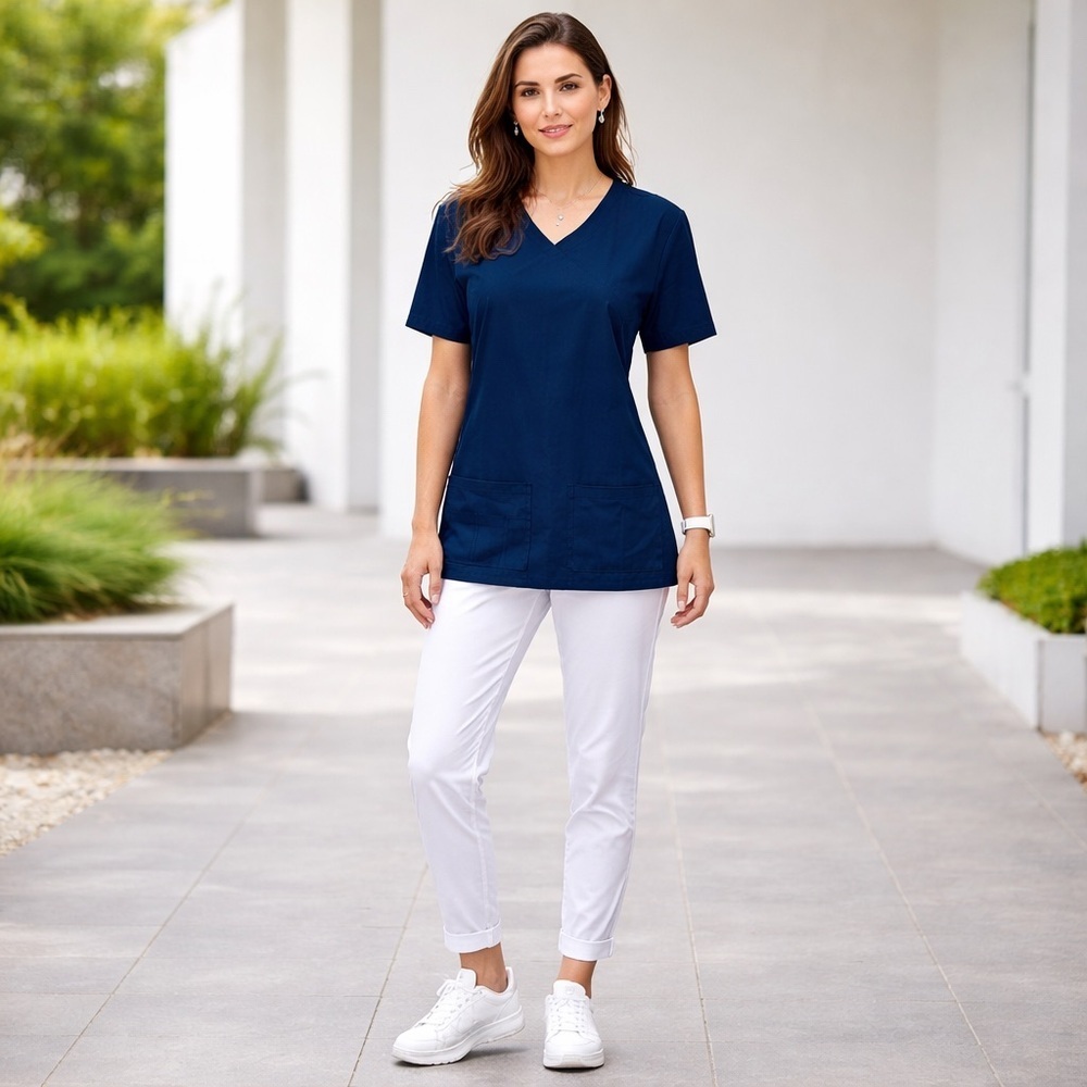 NEW Scrubaid Classic Navy V-Neck Scrubs Short Sleeve 4 Way Stretch Top Sz Medium